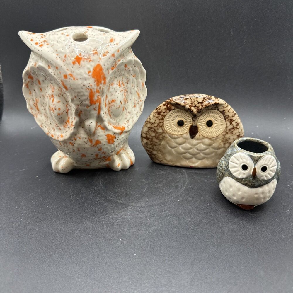 Ceramic Brown Speckled Barn Owl Figurine 4" x 3" Eye Animal, Owl Cup Pot, 3 Set